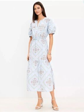 LOFT Tuilerie Balloon Sleeves Pockets And V-Neck Pale Blue Floral Midi Dress